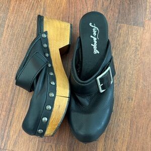 Free People Black Leather Mules with Wooden Heel